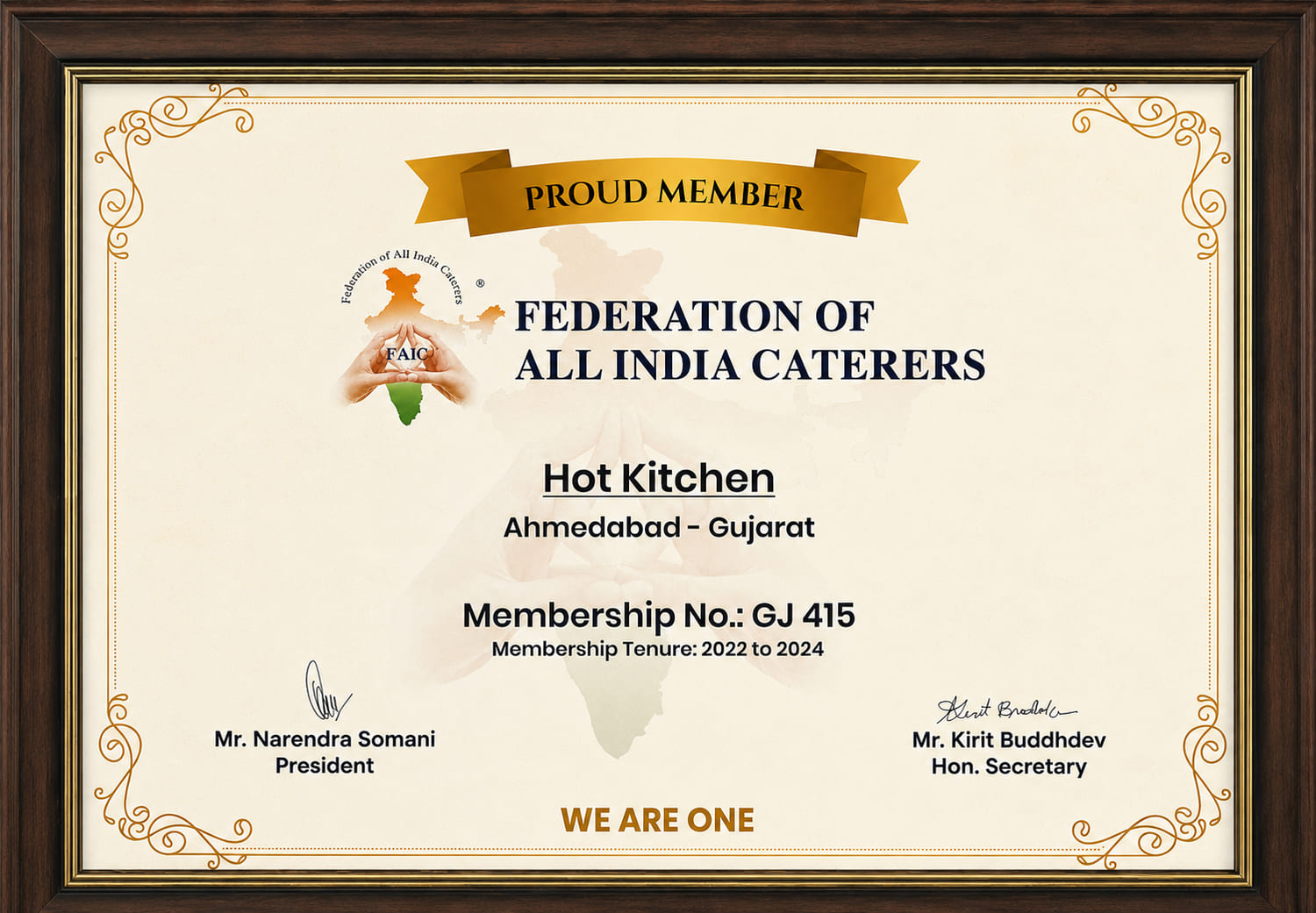 Federation of All India Caterers — Proud Member · GJ 415